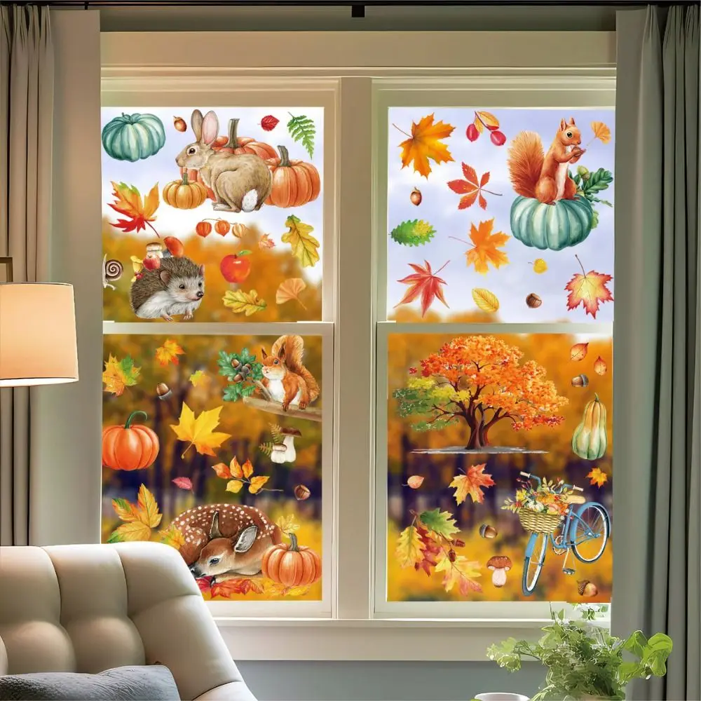 Double-Sided Fall Window Clings Waterproof Reusable Static Cling Decorations Pumpkin Scarecrow Design PVC Window Stickers