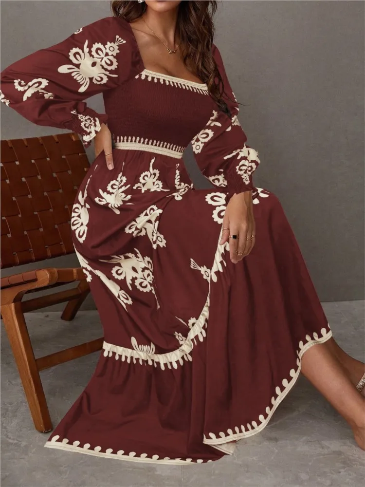 موضة ساحة الرقبة أنيقة عالية الخصر المرأة فستان بكم طويل الخريف المطبوعة الخصر نمط طويل فساتين الحفلات النسائية 2025