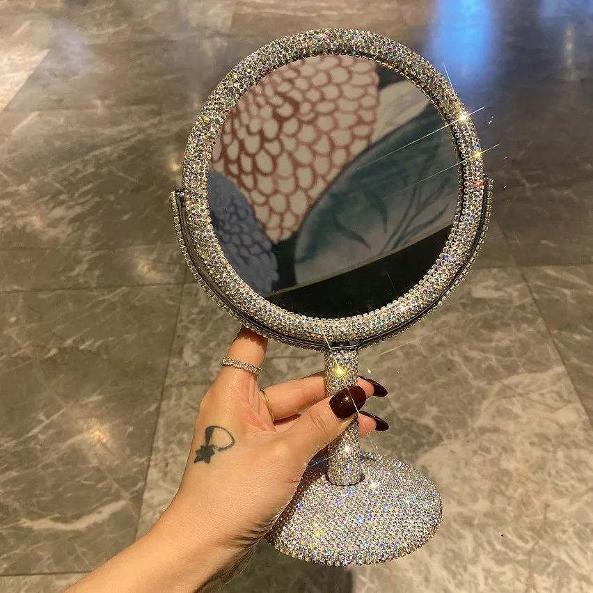 

360 Degree Rotating HD Double-sided Makeup Mirror Diamond Stainless Steel Magnifying Desktop Powder Room Beauty Cosmetic Mirror