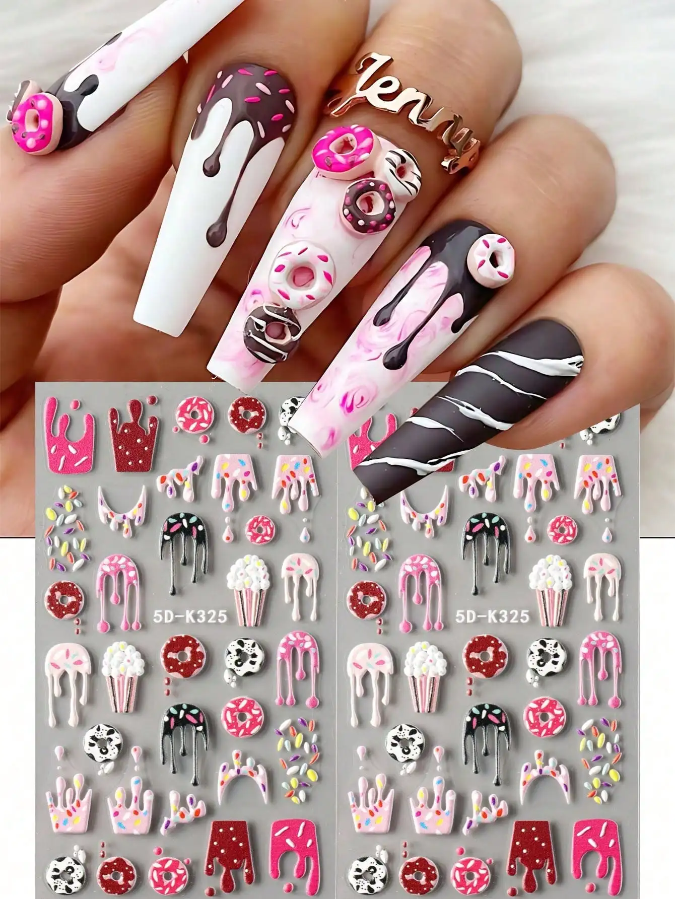 FULL BEAUTY 2pcs Relief Donut Ice Cream Dessert Nail Stickers Colorful Delicious Food Popcorn Sweet Summer Ice Cream French Nail Charm Adhesive Decorations For Manicure