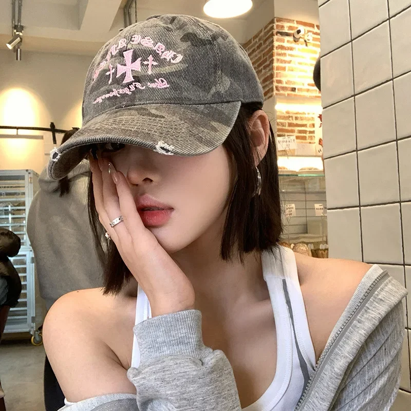 Retro America Old Cross Embroidery Camouflage Baseball Cap Cotton Women Versatile outdoor Casual soft Top Sun Baseball Caps Men