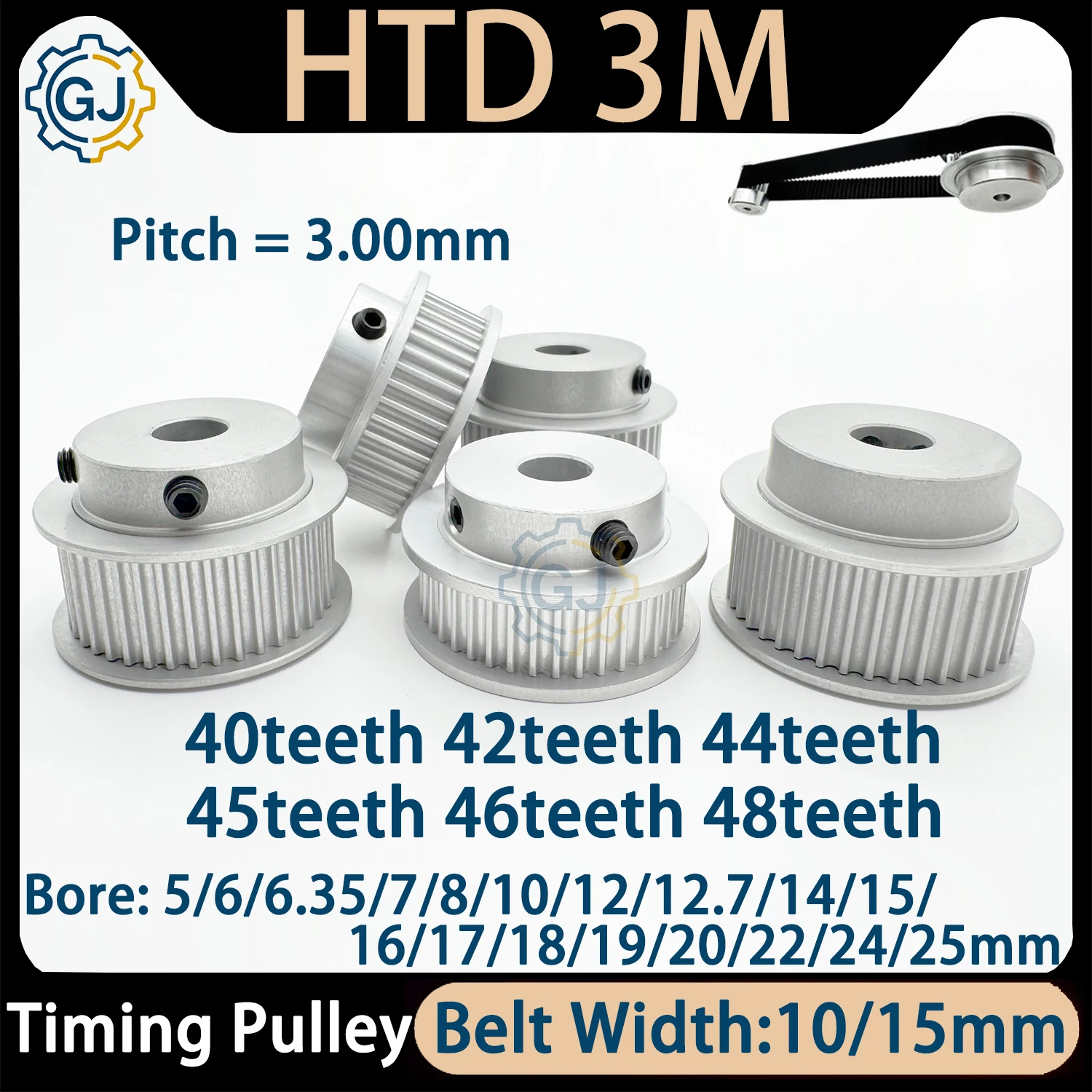 1pcs HTD 3M Synchronous Wheel 40T/42T/44T/45T/46T/48 Teeth BF Type Bore 5mm-25mm HTD3M Timing Pulley 3M Wheel Belt Width 10/15mm