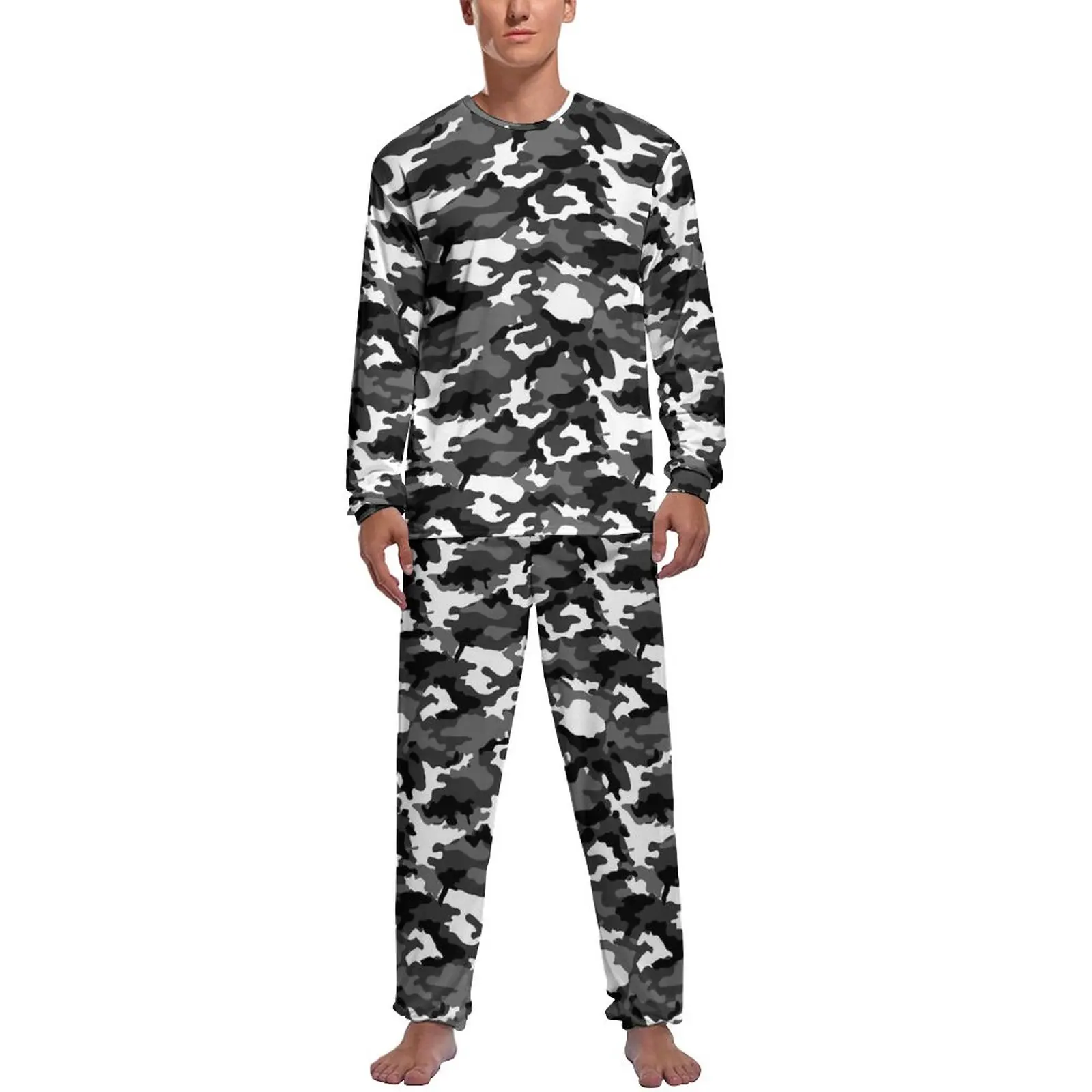 Gray And Black Camo Pajamas Long-Sleeve Camouflage Print 2 Pieces Sleep Pajamas Set Daily Men Pattern Cool Nightwear