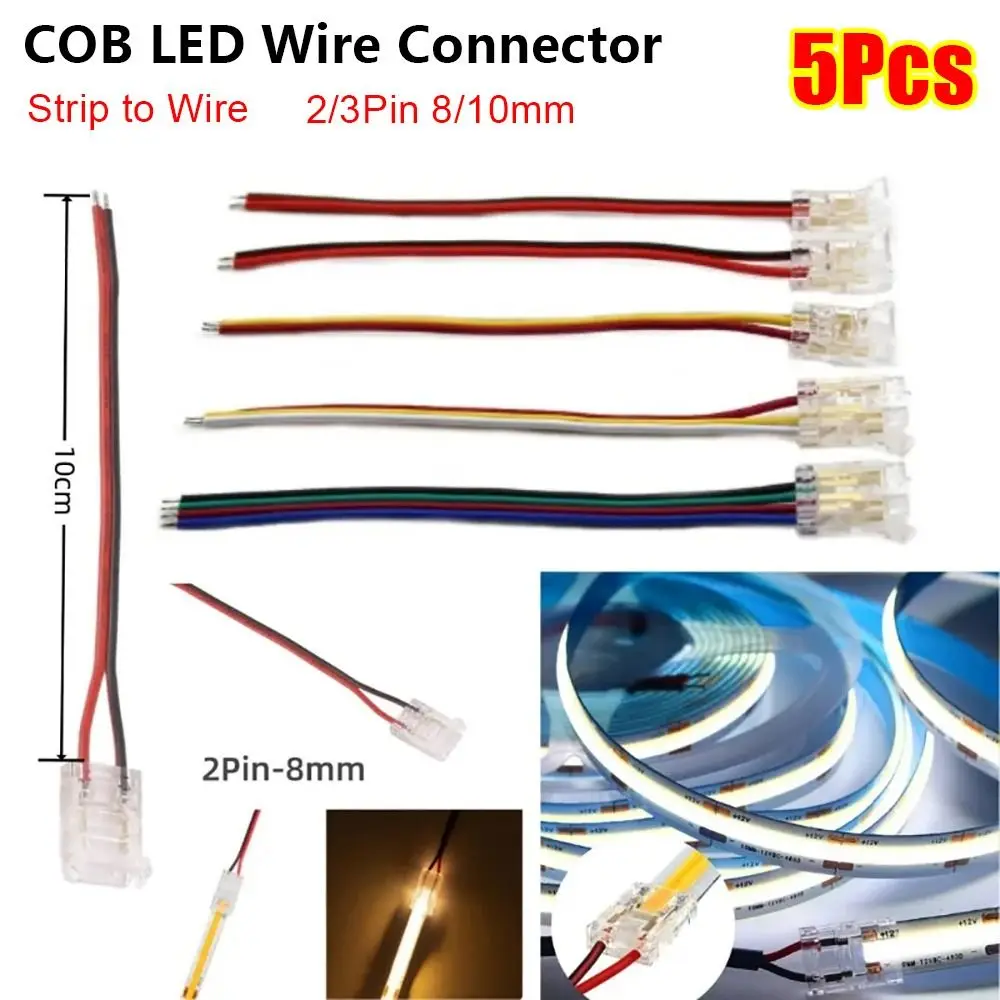 5Pcs/Set 2/3 Pin COB LED Wire Connector Strip to Wire 8/10mm Pin Connector Mini Buckle Solderless LED Strip Connectors