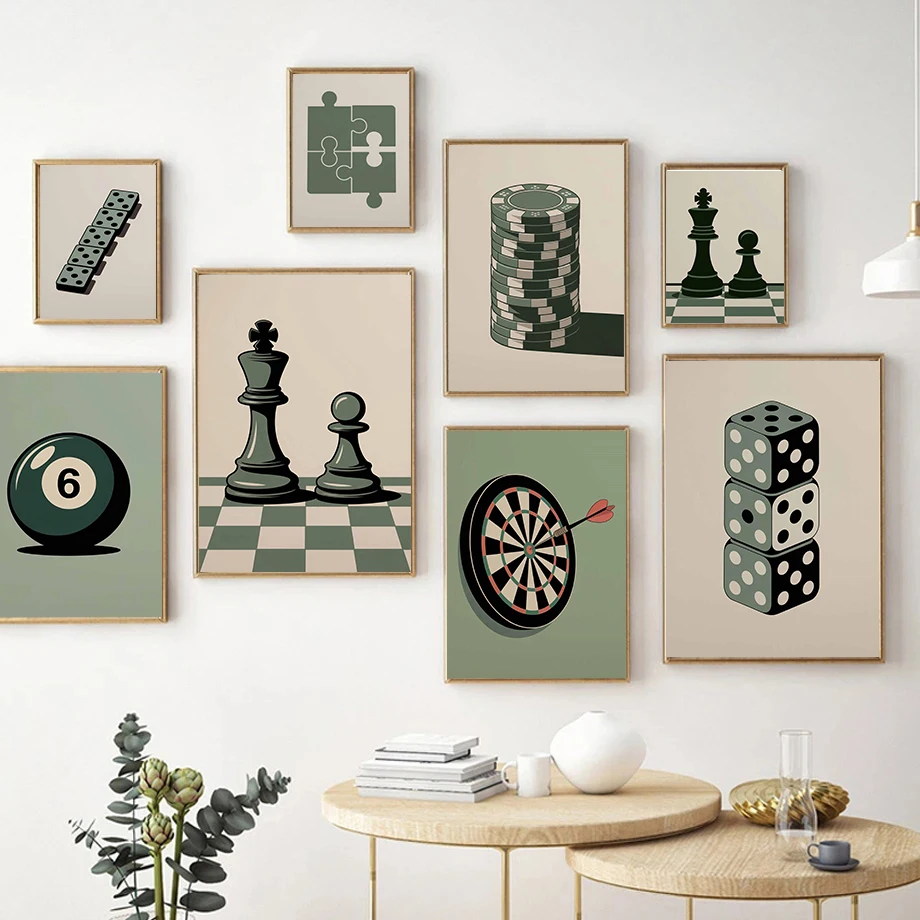 Modern Board Game Puzzle Piece Posters Poker Chips Dartboard Pool Ball Prints Canvas Painting Wall Picture Home Game Room Decor
