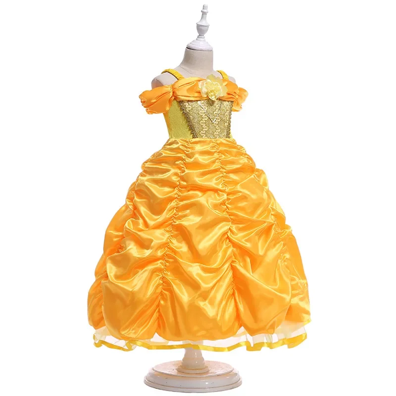 Vestido de princesa para niña, vestido de baile Floral amarillo, disfraz de Bella y La Bestia, vestido de Bella para fiesta