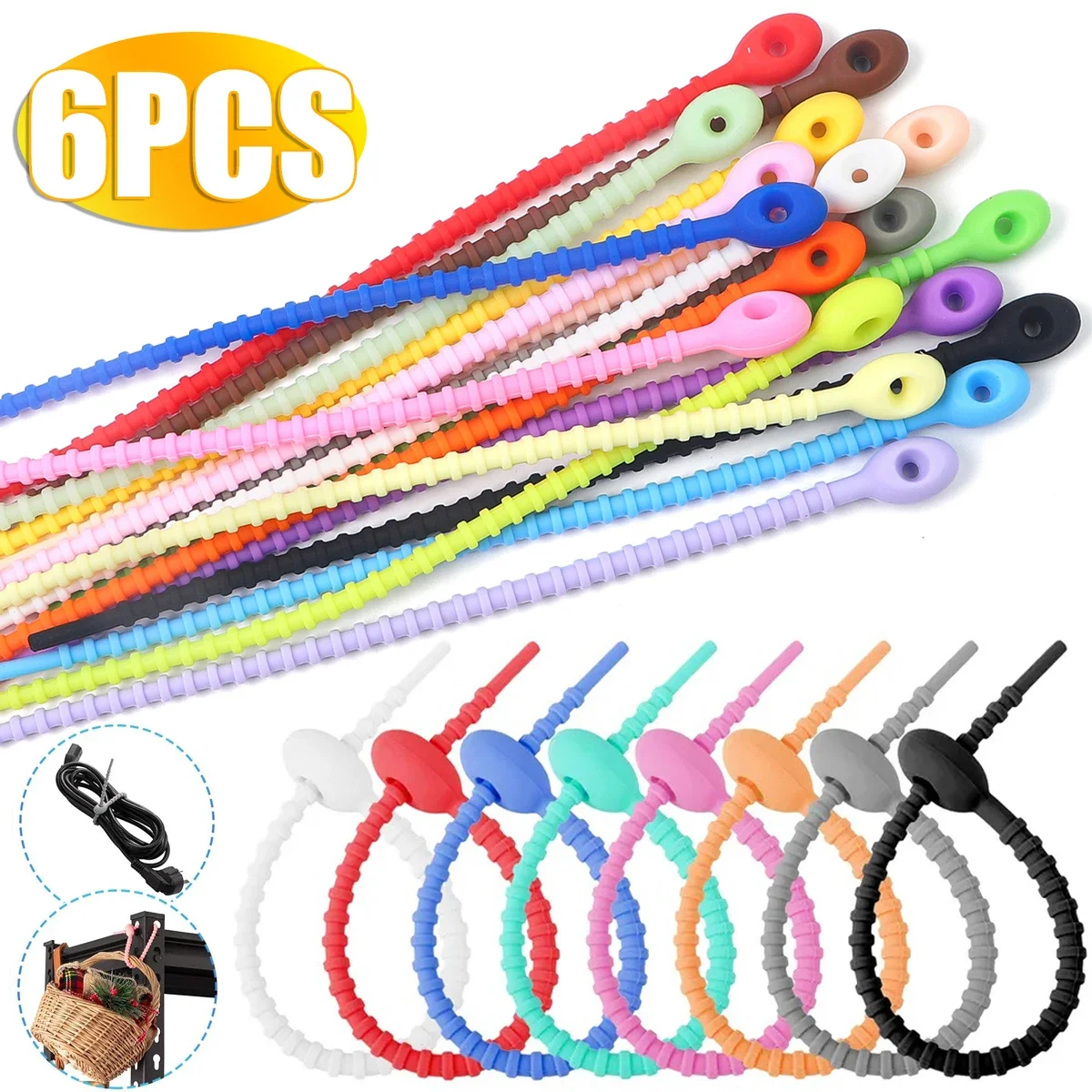 

Premium Soft Silicone Cable Organizers Wire Ties Multi-Purpose Self-Locking Cable Zip Tie Wraps USB Charger Cord Fastening