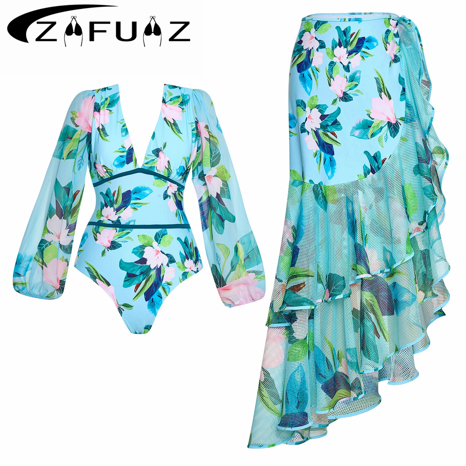 2024 neue 2 Stück Floral Print Badeanzug Mit Cover Up Sexy Frauen Bademode Push-Up Biquini Badeanzug Bodysuit Bademode kleid