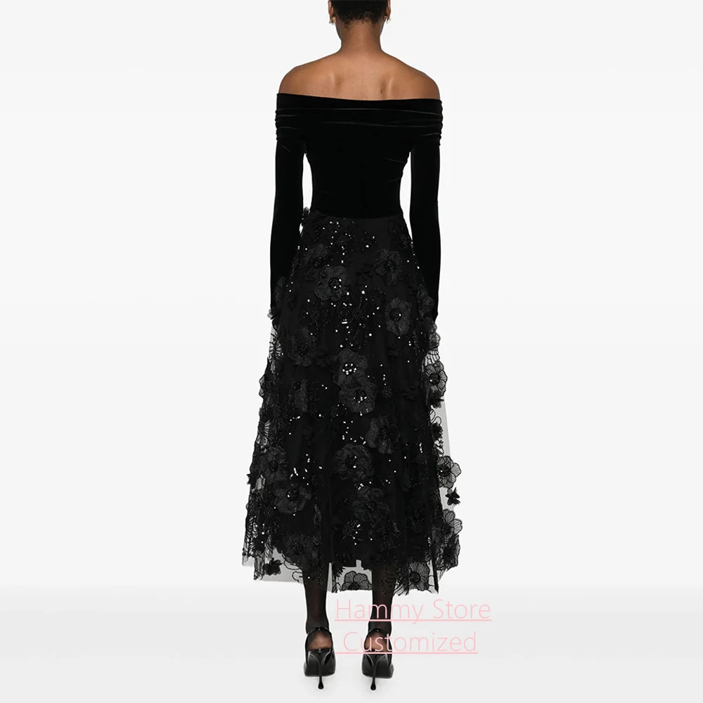Fashion Evening Dress Customized Small V Neck Full Sleeves Tea Length Beading Lace Black Prom Gown Arabian Party Dresses