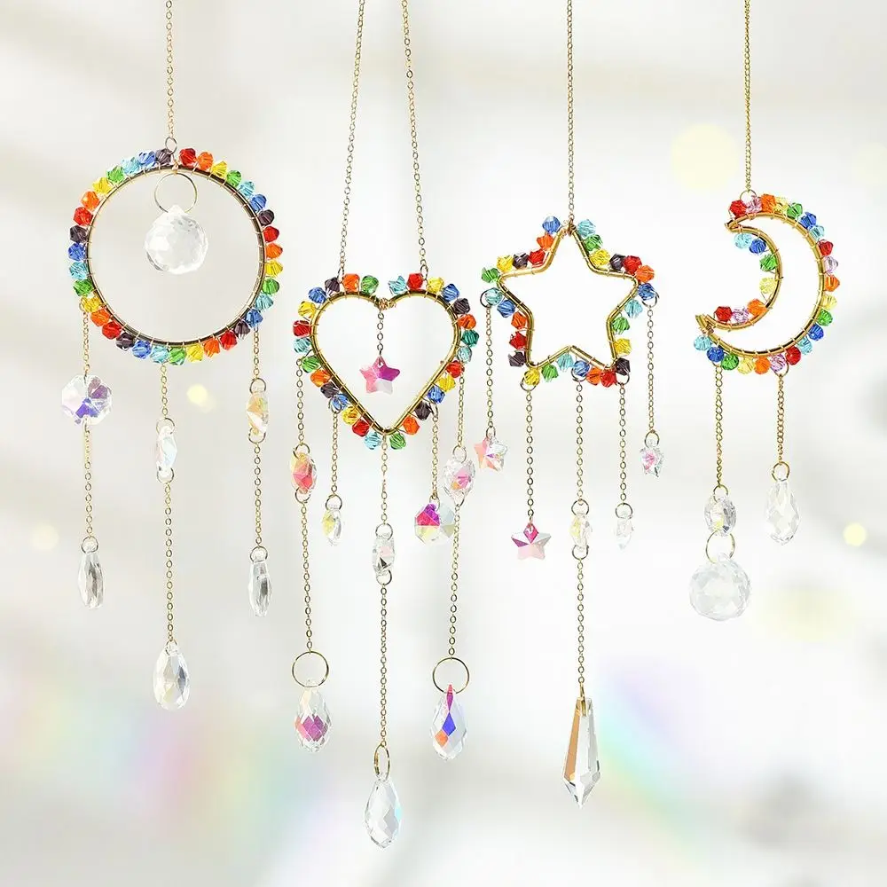 Moon Star Heart Crystal Sun Catcher Pendant Natural Hanging Suncatcher Chandelier Handmade Rainbow Catcher For Home Party Decor