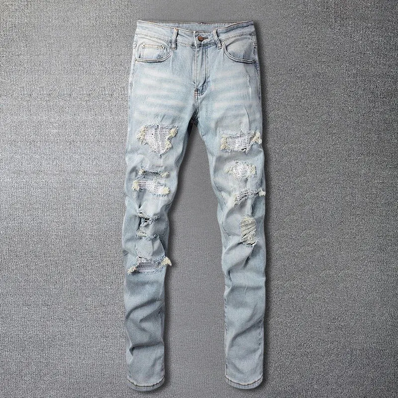 

Quality Rhinestones Patchwork Male Hip Hop Style Trouser For MenRipped Hole Design Stretchy Jean Top Pantalon Vaqueros Hombre