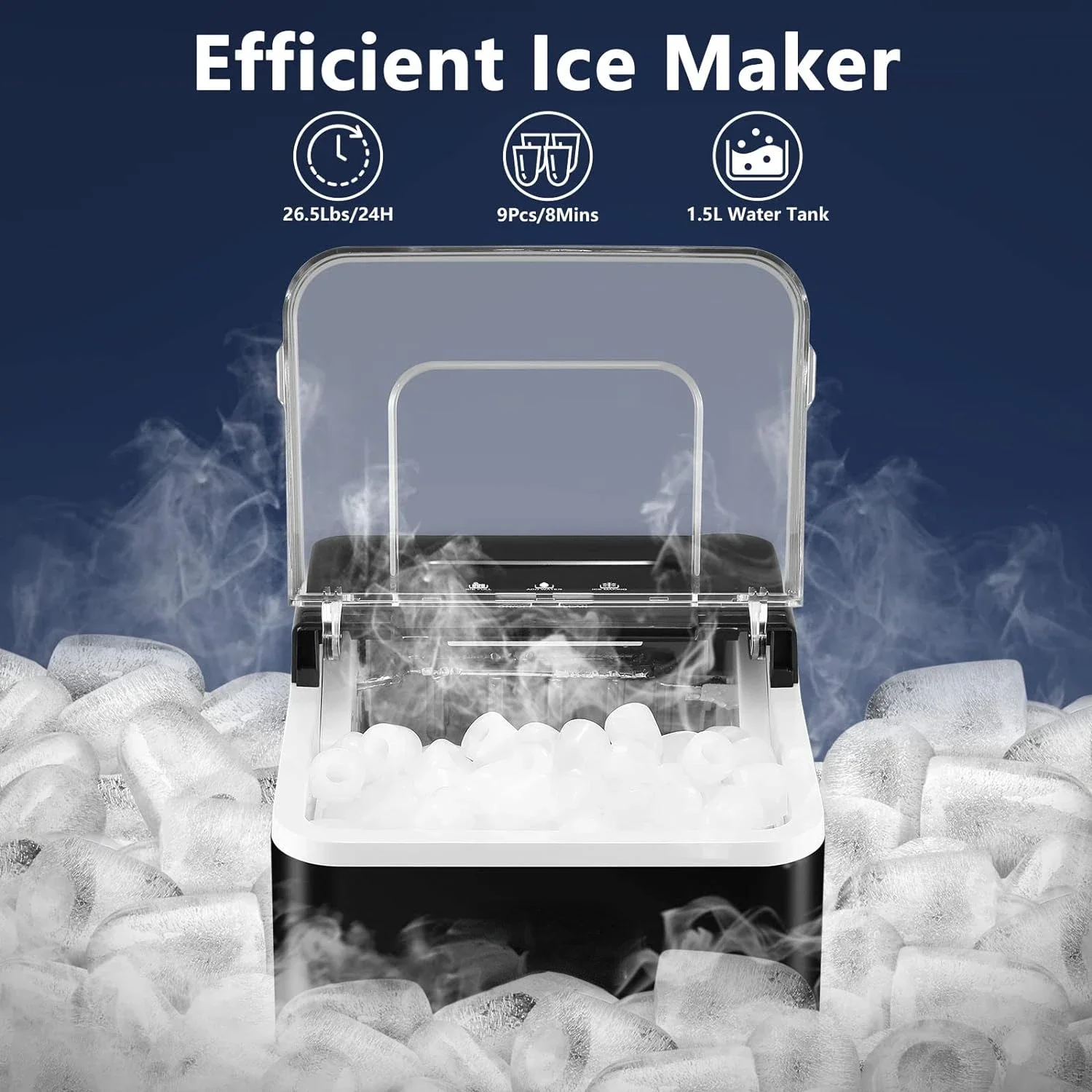 Efficient Countertop Ice Machine Maker, Fast Making 9 Ice Cubes in 6-8 Minutes, Produces 26.5 lbs of Ice in 24 Hours, Self-Clean