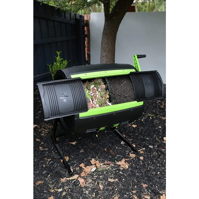 65 Gallon Tweetraps Compostbeker Met Grote Dubbele Deuren En Open Frame, Zwart En Groen