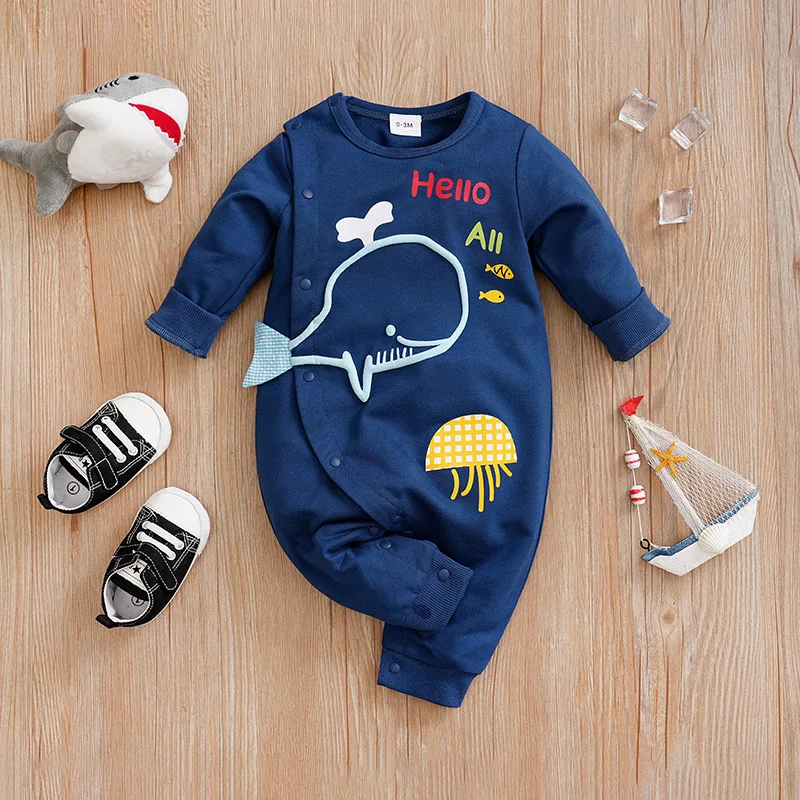 Spring and Autumn Boys' and Girls' Long Sleeve Cartoon Whale Foam Print Sweater Cloth Baby Clothing Bodysuit