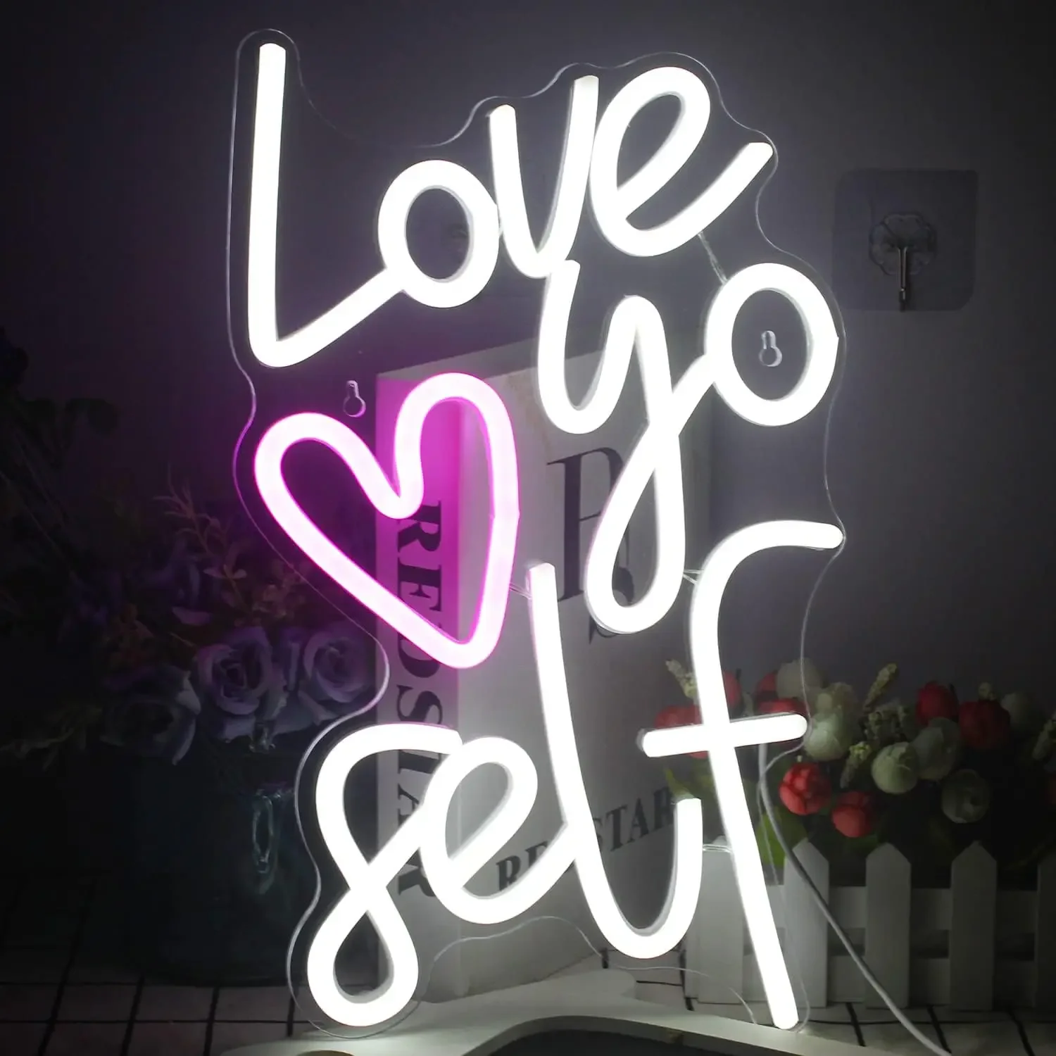 Love Yo Self Pink Heart Neon Sign LED Wall Art USB Powered Dimmable Acrylic Glow Lamp Bedroom Livingroom Beauty Salon Decor Gift