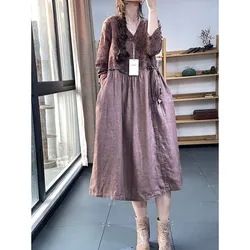 2023 Spring Summer New Arts Style Women V-neck Loose Long Dress Patchwork Design Cotton Linen Vintage Print A-line Dresses P251