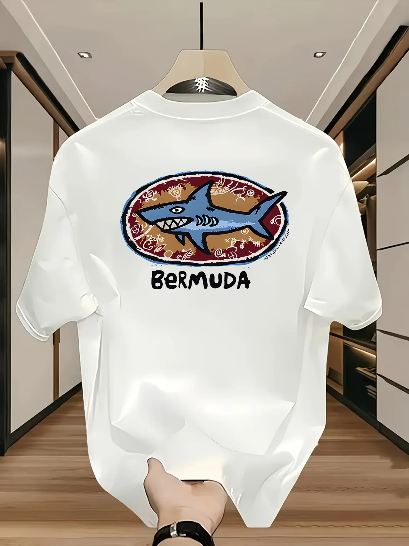 Camiseta de moda con estampado de tiburón para hombre |   Camiseta Popular con Estampado de Tiburón de la Serie Animada "Bermuda", Estilo Urbano Fresco y Casual
