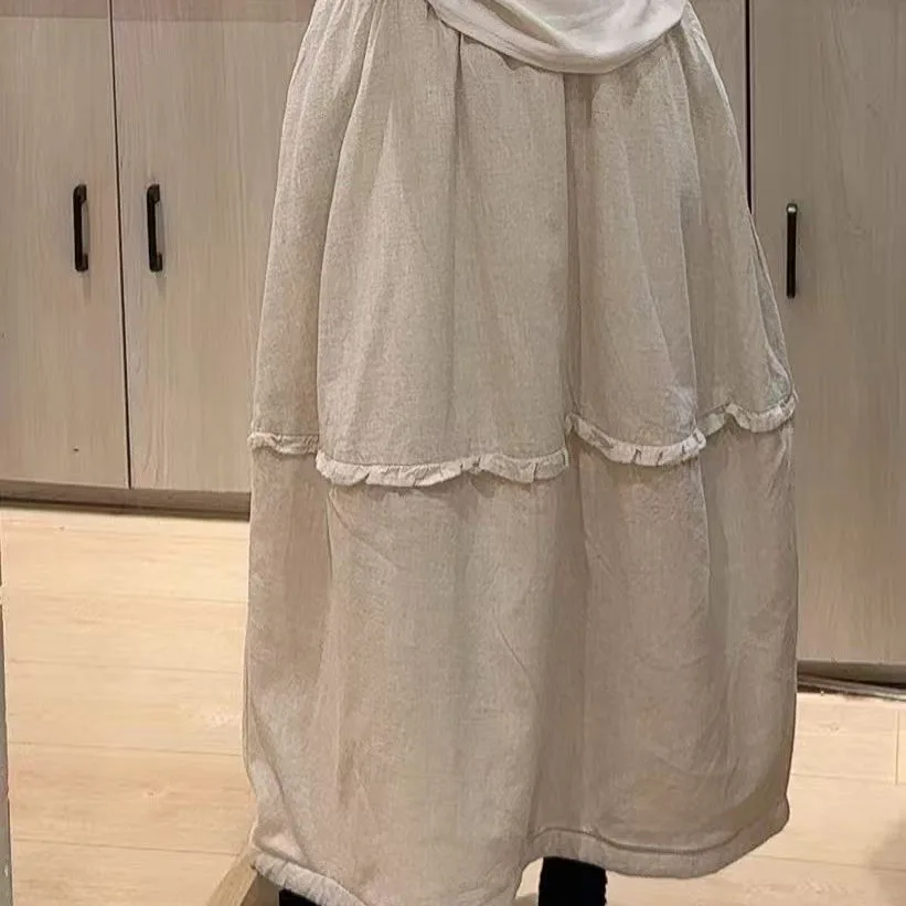 TIYIHAILEY Ramie Long Maxi Skirts Elastic Waist Autumn And Winter Thick Beige New Fashion 2026 Ladies Warm Black Brown Padded