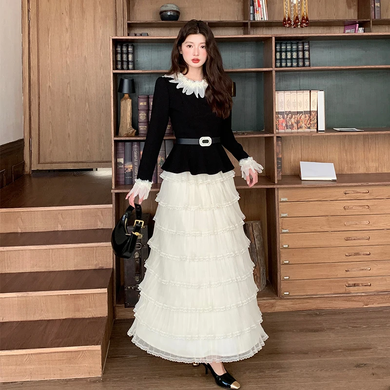 النمط الفرنسي ارتفاع الخصر مطوي تول تنورة المرأة تنوعا منتصف طول كعكة تنورة الطازجة الحلو نمط مريح مجموعة عادية #4