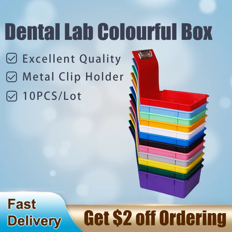 

10pcs Dental Lab Storage Box Colourful Plastic Work Pans Dentistry Lab PP Sorting Organizing Boxes with Metal Clip Holder Tools