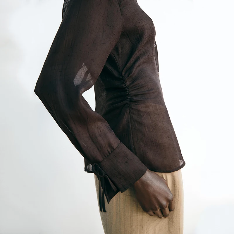 Przezroczysta długa sukienka damska z dekoltem w kształcie litery V, ozdobiona węzłem, do pracy, o prostym kroju, jednolita, wykonana w 100% z włókna poliestrowego.