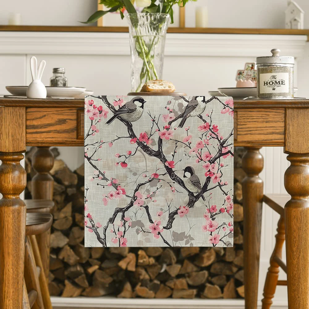 Sparrows and Peach Blossoms Table Runners Party Table Decor Farmhouse Dining Table Runner Decorations Washable Dining Long Cloth