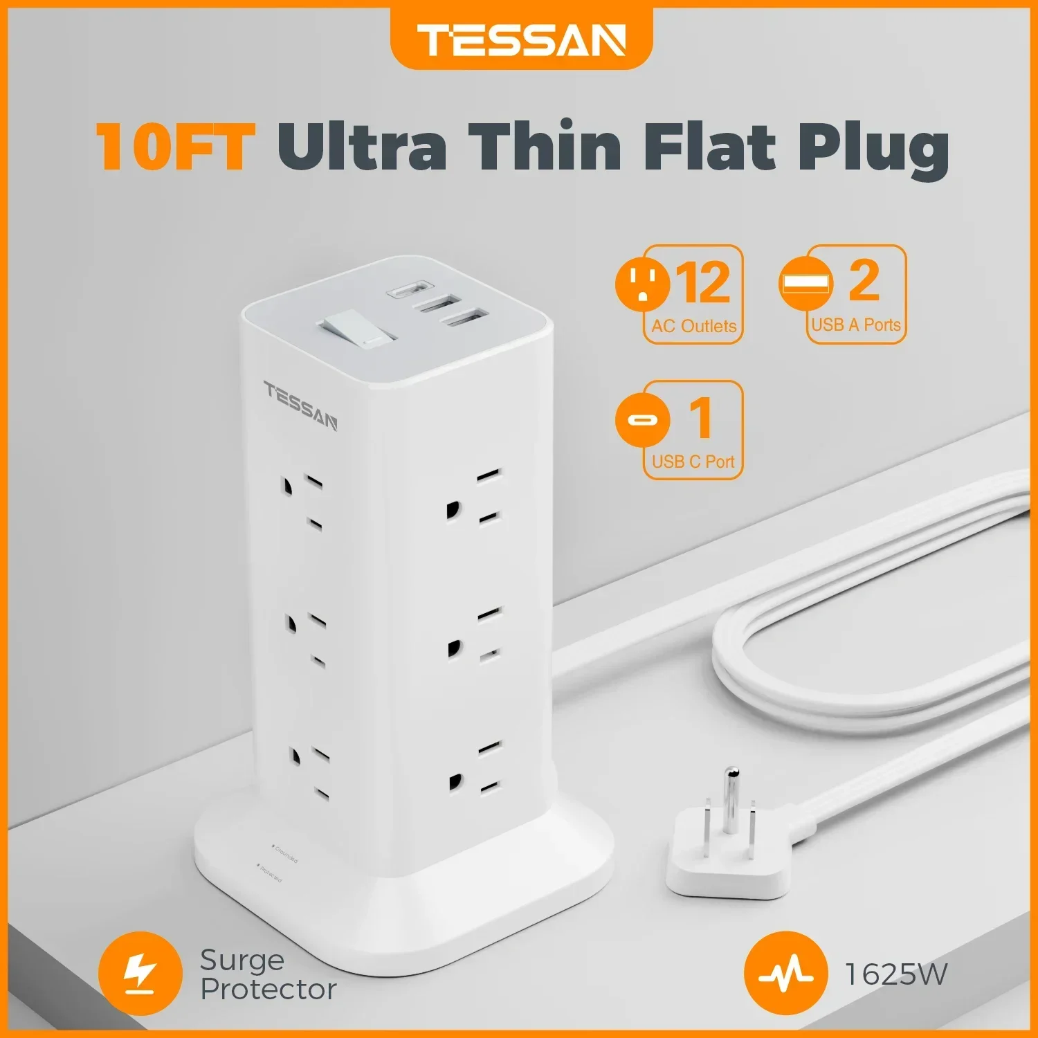 TESSAN Power Strip Tower with Surge Protection Flat Plug Extension Cord 6 Feet with 12 Multiple Outlets 3 USB Ports (1 Type C)