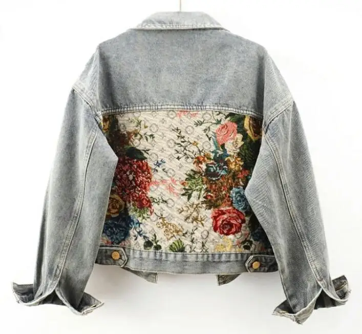 Female Splicing Large Pockets Denim Jacket Fashion Jacquard Embroidery  Slim Short Cowboy Outerwear Printed Denim Jacket