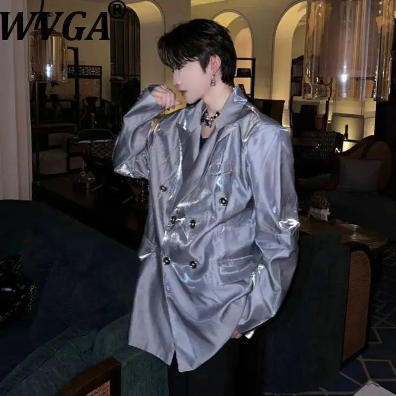 

WVGA Spring Autumn New Tide Original Design Niche Style Liquid Metallic Spliced Belt Buckle Men's Blazer Chic Casual Coat W22233