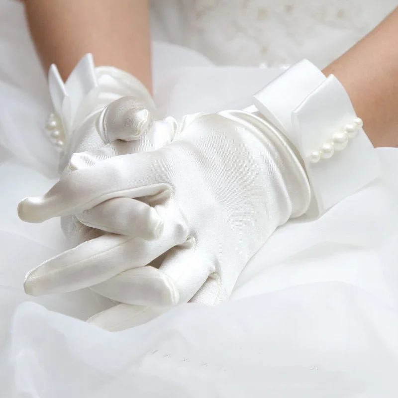 Wedding etiquette satin finger gloves wedding dress accessories photo pearl gloves studio bridal gloves