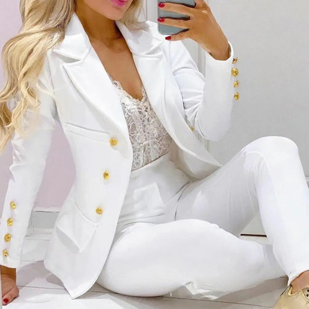 1/2 Pcs/Set Fabulous Formal Women Suit Long Pants Formal Pants Suit Cardigan Solid Color Long Sleeve Blazer Suit  Slim