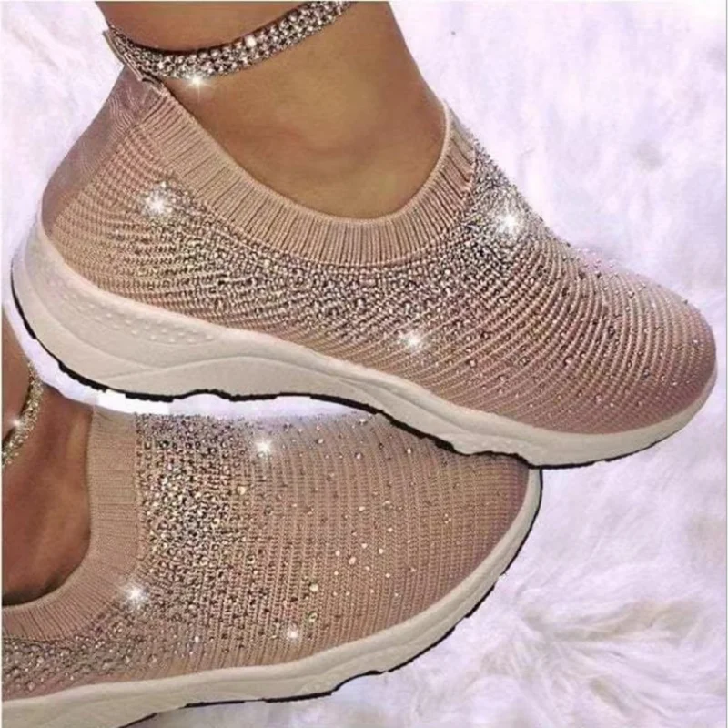 Womens Crystal Breathable Mesh Sneakers Comfortable Soft Bottom Flats Shoes Plus Size 42 Non Slip Casual Sports Shoes