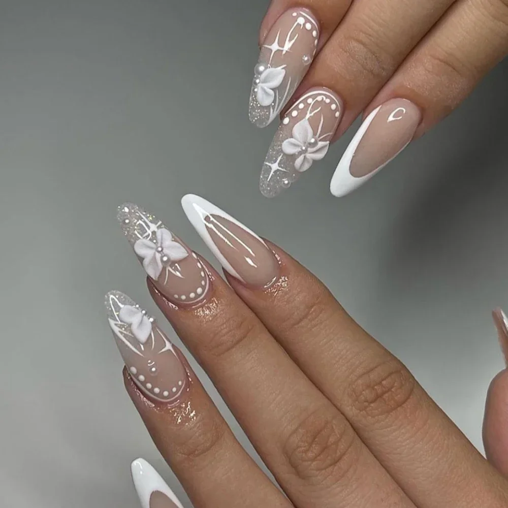 Farfalla Fiocco Nodo Stellato Bianco Perla Fiore Nail Art Polvere glitter Unghie finte Unghie finte rifinite staccabili Stampa sulle unghie