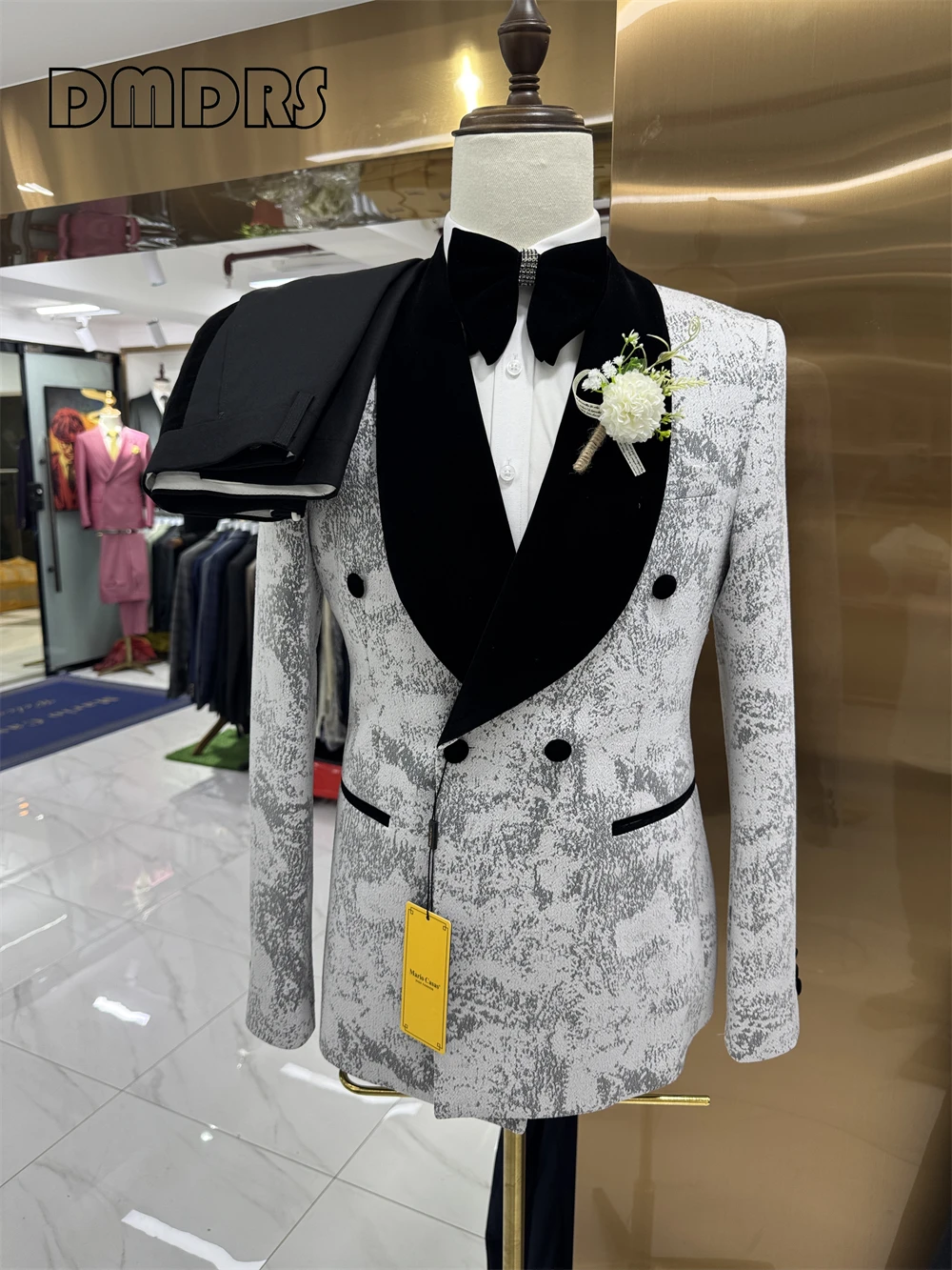 Conjunto de traje de dos piezas estampado a la moda para hombre, chaqueta ajustada con doble botonadura y cuello tipo chal, pantalones rectos negros, traje de boda