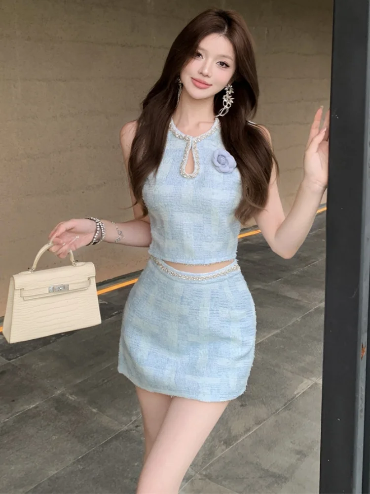 

New Fashionable Small fragrant style hollow out sleeveless Tweed top Two-Piece Set +Women's short skirt sweet 2 Piece Outfits