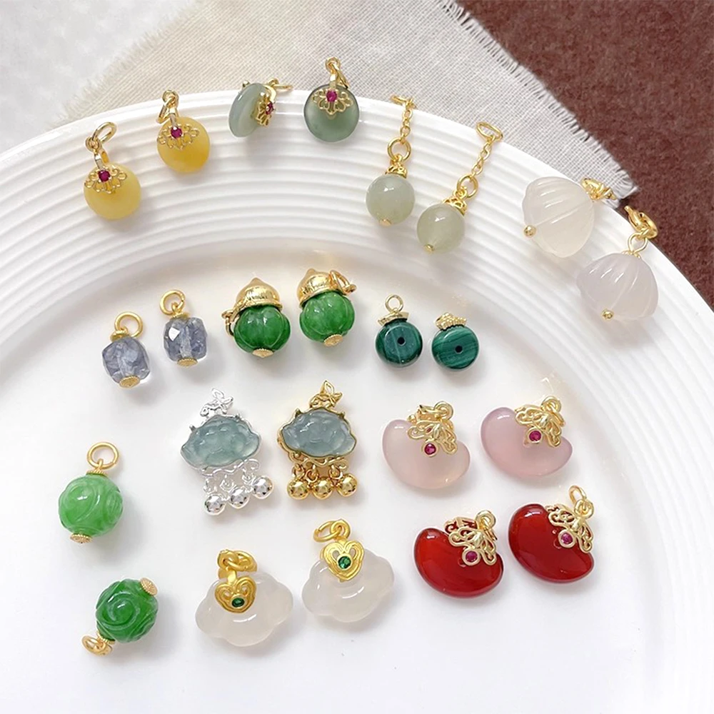 

Copper Plated with Genuine Gold Natural Agate Jade Retro Chinese Style Pendant DIY Fashion Jewelry Making Accessories Materials