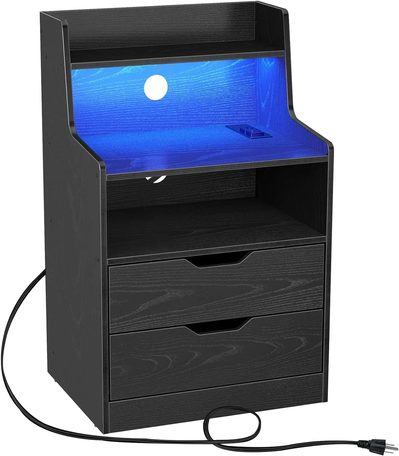 

Nightstand with Charging Station and LED Lights, 2 AC and USB Power Outlets, Night Stand with 2 Drawers and Storage Shelves