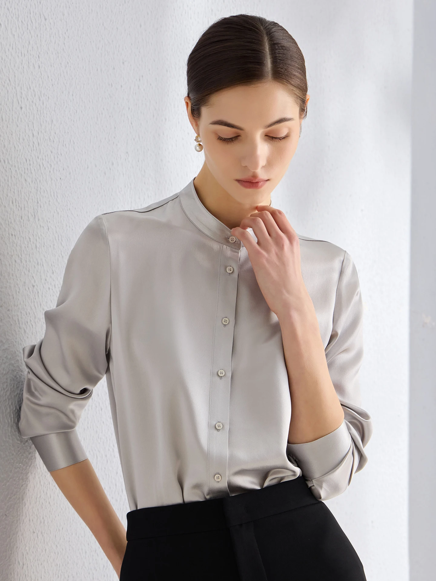 

Elegant Silk Shirt Women's Stand Collar Long Sleeve Breathable Comfortable Fit Straight Cut Spring 2026 Luxury Style ...