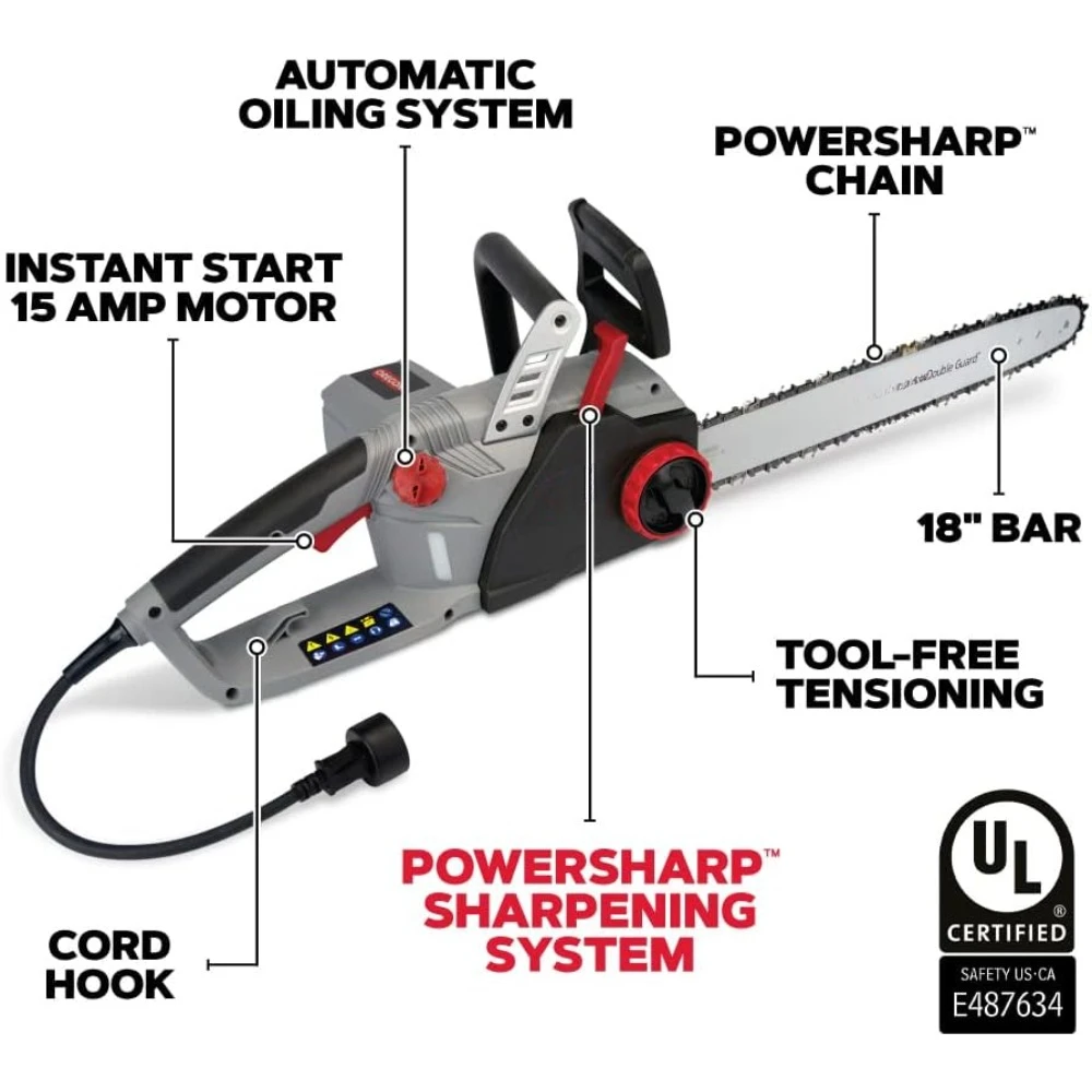 18-inch 15 Amp Self-Sharpening Corded Electric Chainsaw, with Integrated Self-Sharpening System (PowerSharp),120V