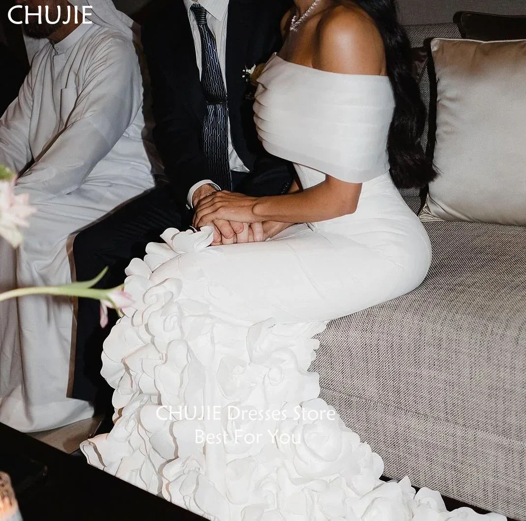 チュールオフショルダーブライダルガウン、花柄ボディコンスパンデックスウェディングドレス、女性用エレガントカスタムメイドブライドドレス、ウェディングドレス（Vestido de novia）