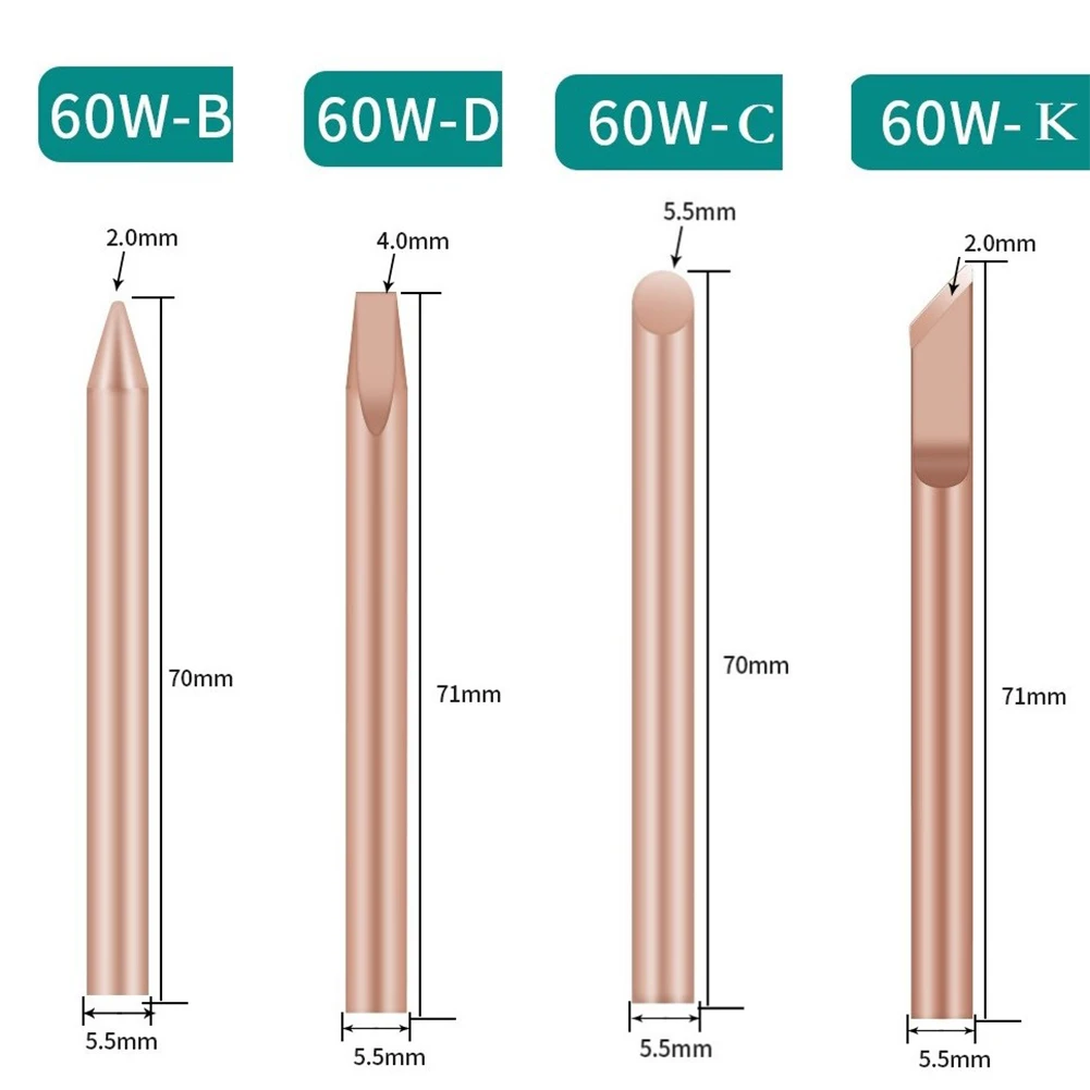 B C D K 60W Soldering Iron Tips Pure Copper Solder Replacement Head Welding Repair Tools Externally Heated Soldering Iron Tips