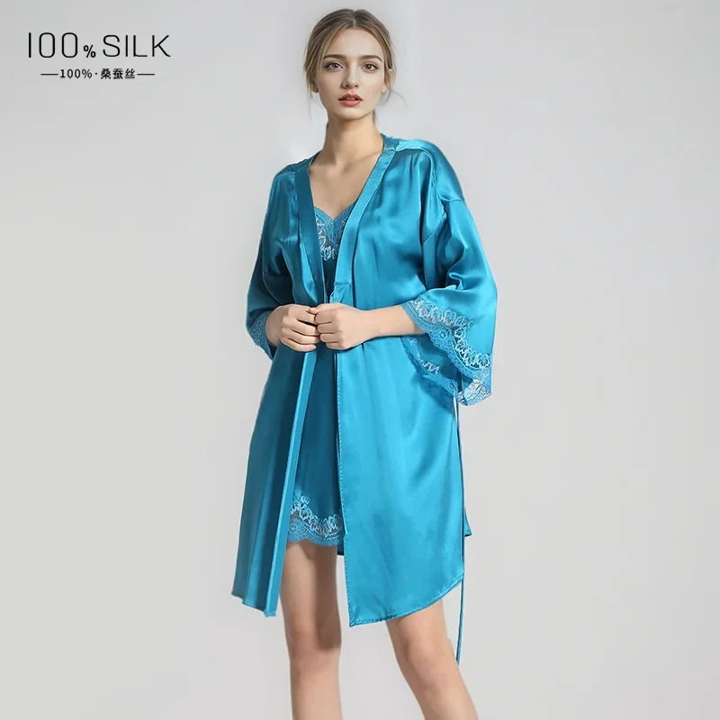 Summer 19MM Real Silk Nightgown Pijama Kimono Robe 100% Mulberry Silk Bathrobe Lace Trim Night Robe Lingeries Blue Morning Robes