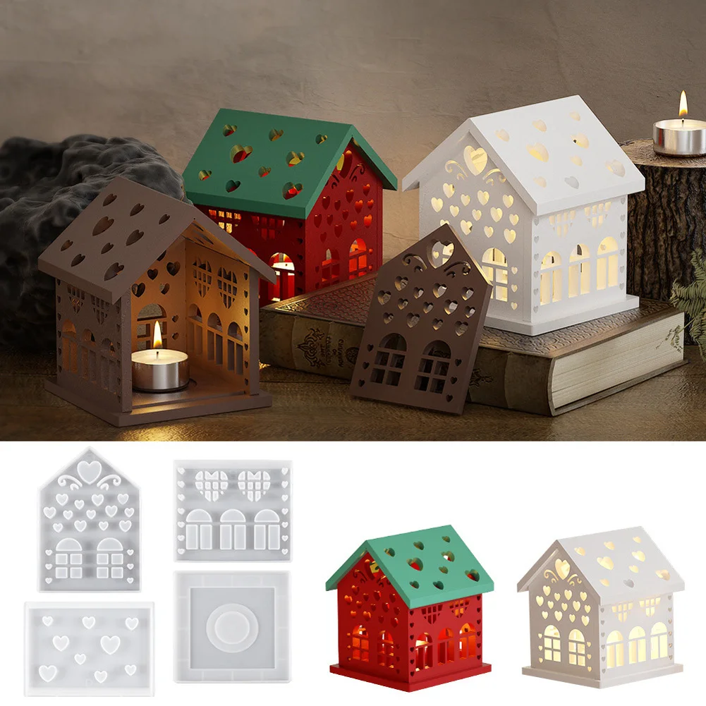 Christmas Silicone Model, 4PCS House Shape Silicone Cast, Resin Clay Soap Handmade Cast With Roof & Base & 2 Side Models