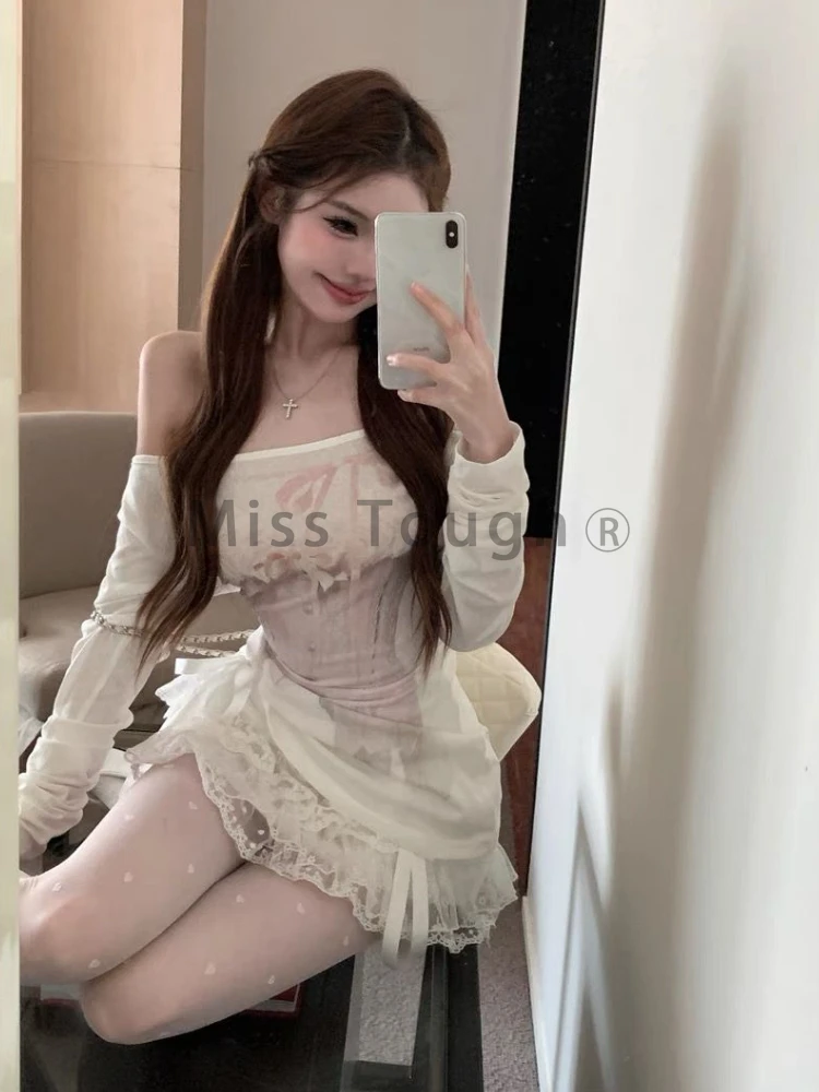 Fashion Design Slim Print 2 Piece Set Women Sweet Cute Skinny Off Shoulder Long Sleeve Top Female + High Waist Lace Short Skirt