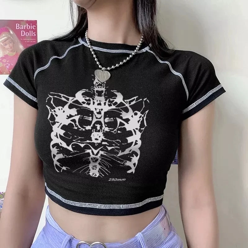 Y2K black sweet girl slim skull print fun vintage graphic clothes crop top E-girl