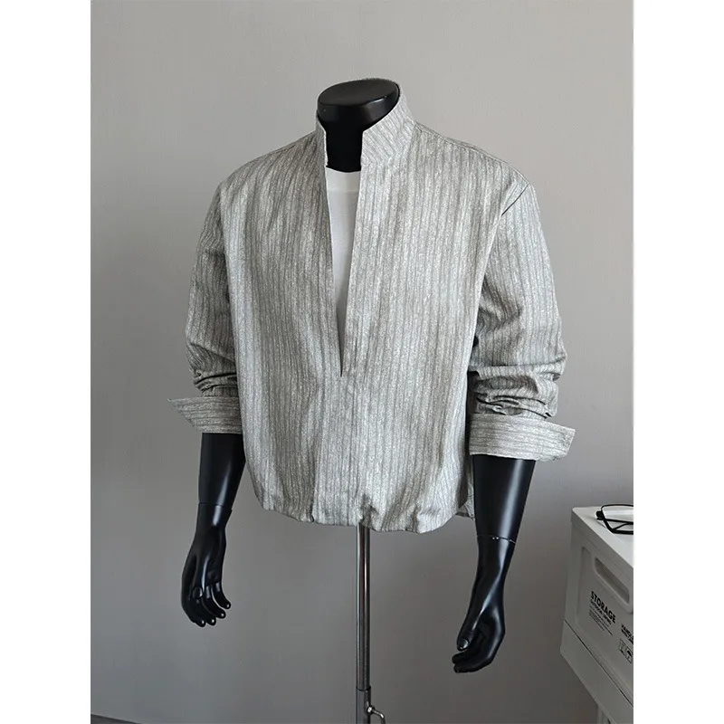 Trend Striped Fake Two-piece Shirt Men's Autumn Long Sleeved Loose Retro Shirts Stand Collar Casual Business Social Pullover