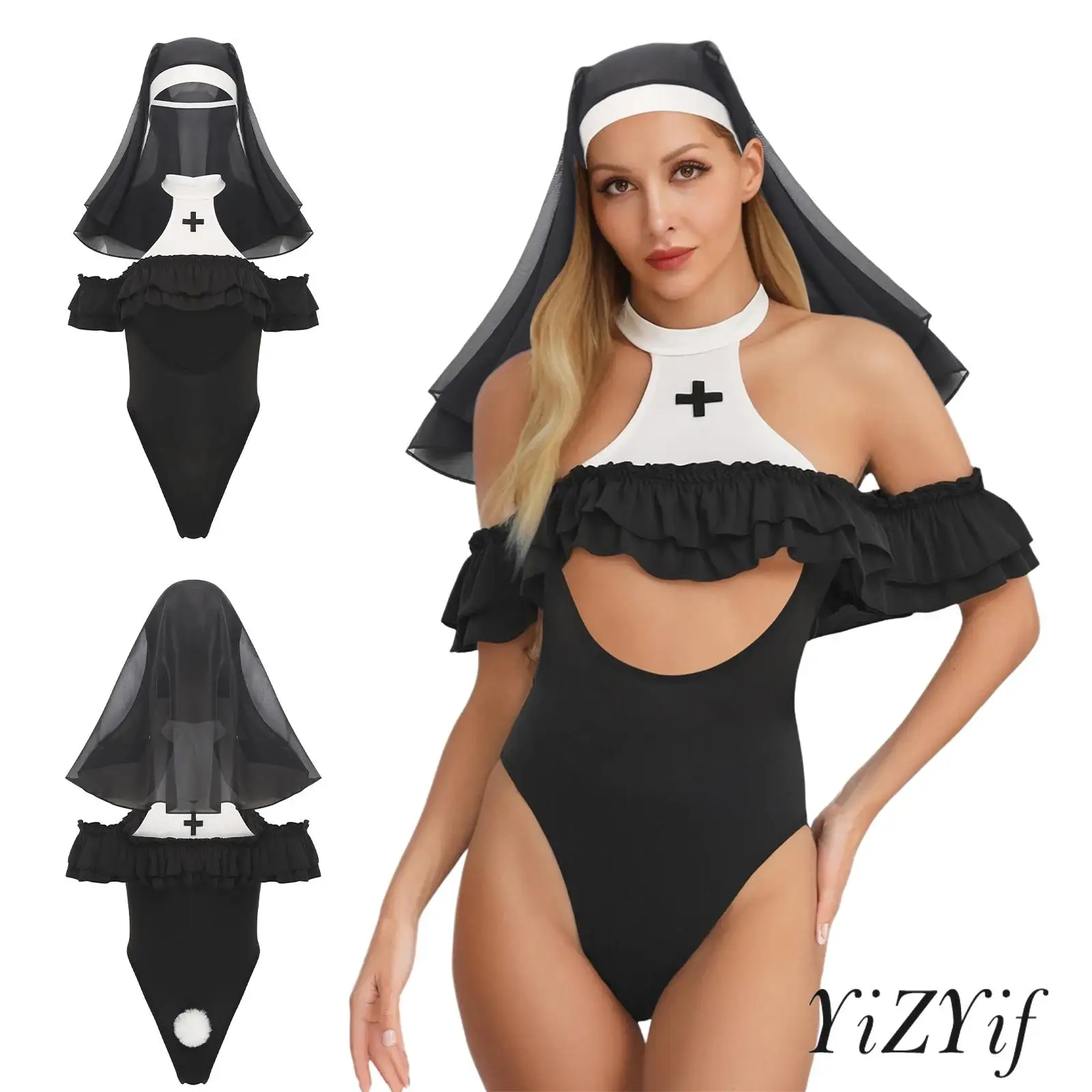 

Womens Nun Sister Role Play Costume Tiered Ruffled Chest Hollow Out Bodysuit Pompom Bunny Tail And Veil Lingerie Nightwear Set