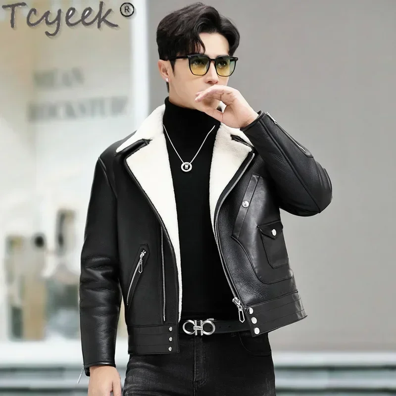 Tcyeek Genuine Leather Motorcycle Jacket Winter Mens Jackets New Wool Fur Coat Men Slim Fit Real Sheepskin Fur Coats Short Style