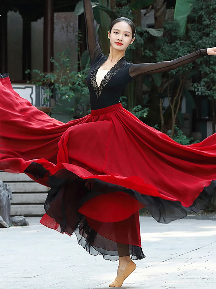 Chinese style classical folk dance long skirt practice performance clothing flowing double tensilk 720 degrees skirt