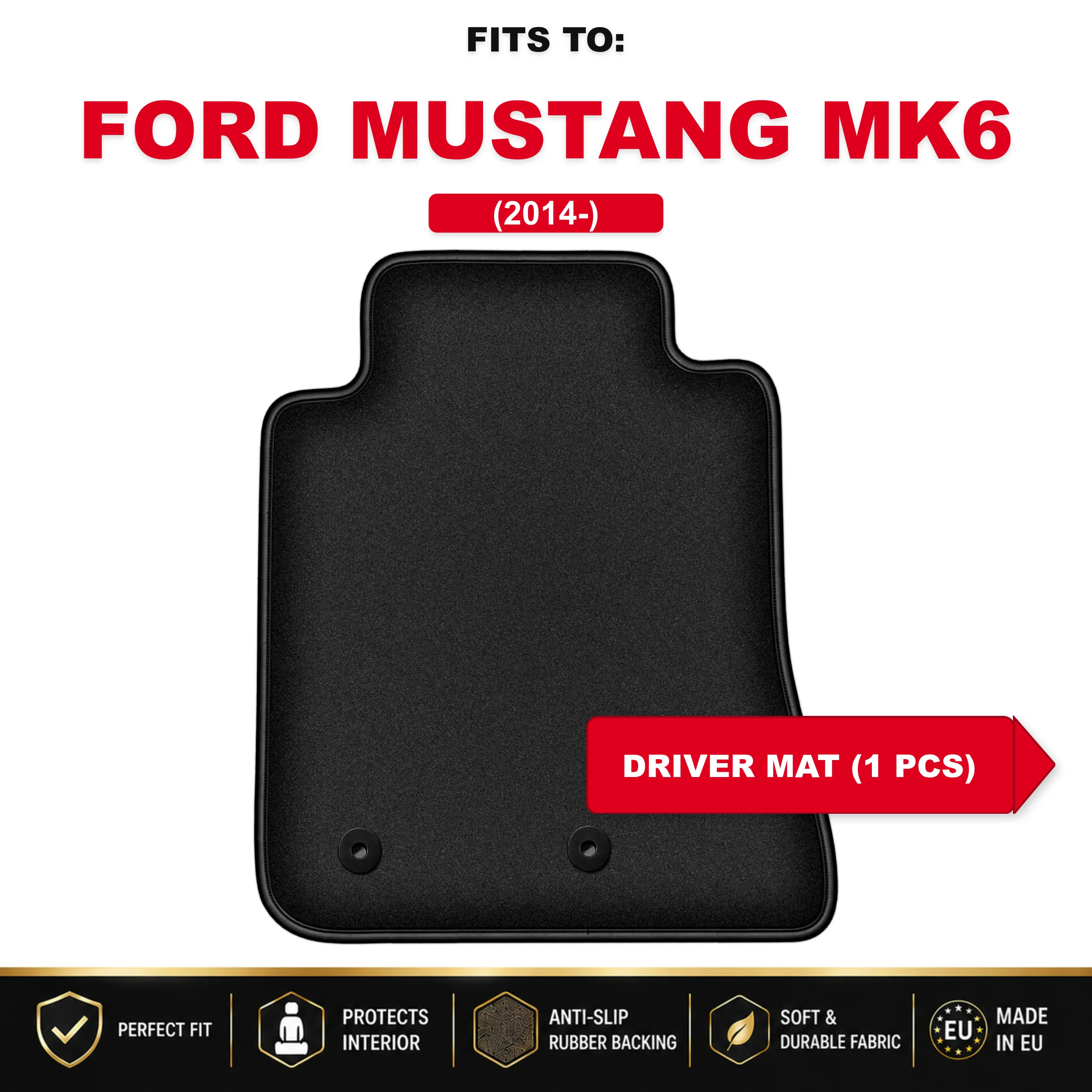 Het velours bestuurderskleed is zwart voor: Ford Mustang MK6 2014-Coupe autovloermat 1 stuk onder de benen van de bestuurder, passend